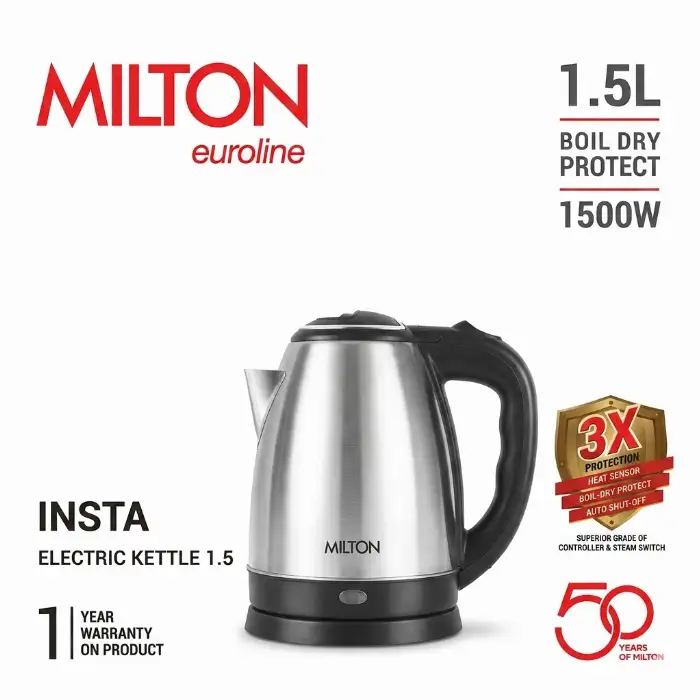 Milton Insta Electric Kettle 1.5L, 1500W with Auto Shut-Off (Stainless Steel