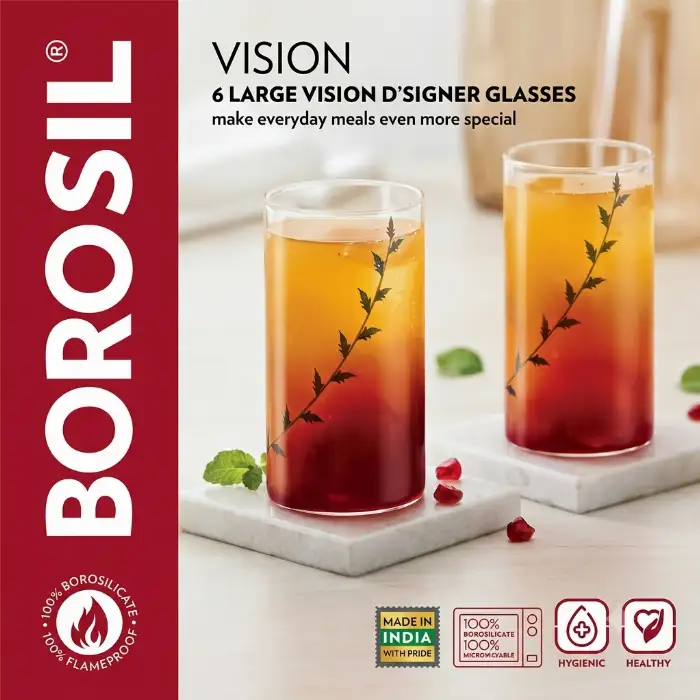 Borosil Vision Designer Glass Set 350ml (Pack of 6) Borosilicate Drinking Glasses
