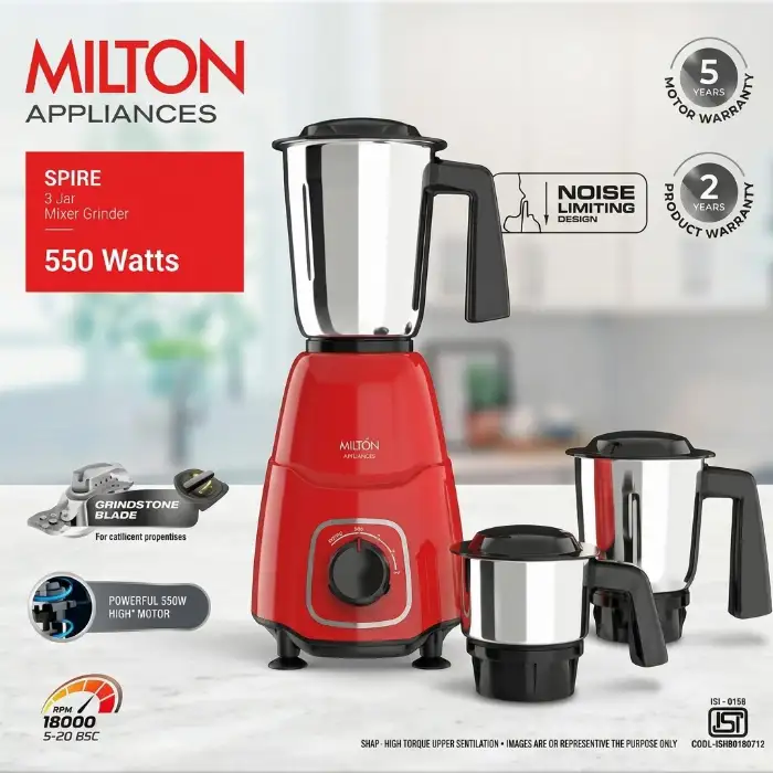 Milton Spire 550W 3 Jar Mixer Grinder with Stainless Steel Jars (Ruby)