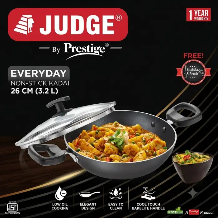 Judge Everyday Non-Stick Kadai 26cm 3.2L with Glass Lid, Spatula & Scrub