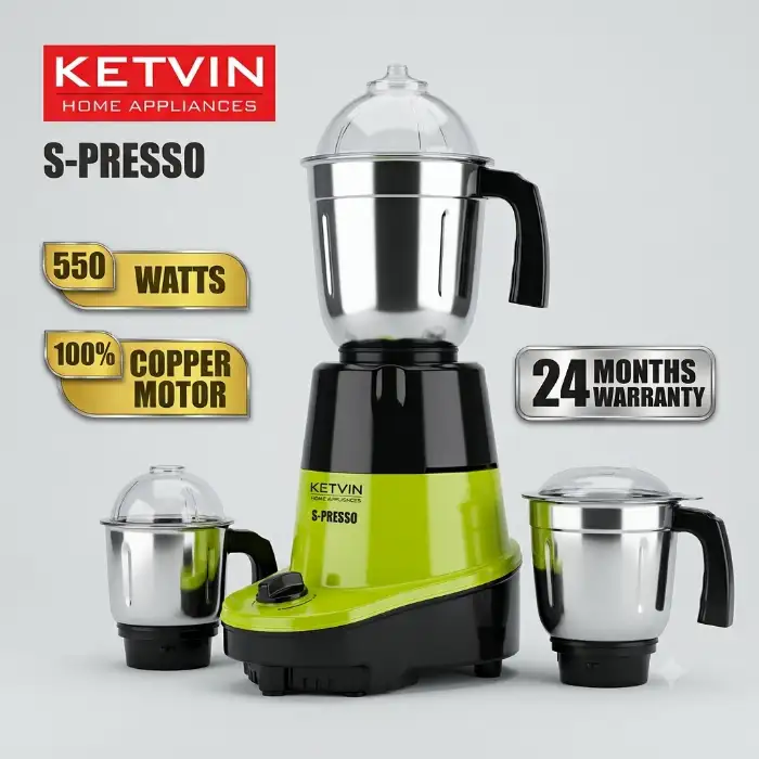 Ketvin S-Presso 550W Mixer Grinder with 3 Jars & 100% Copper Motor