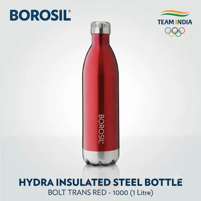 Borosil Hydra Bolt Trans Red Insulated Steel Bottle 1L