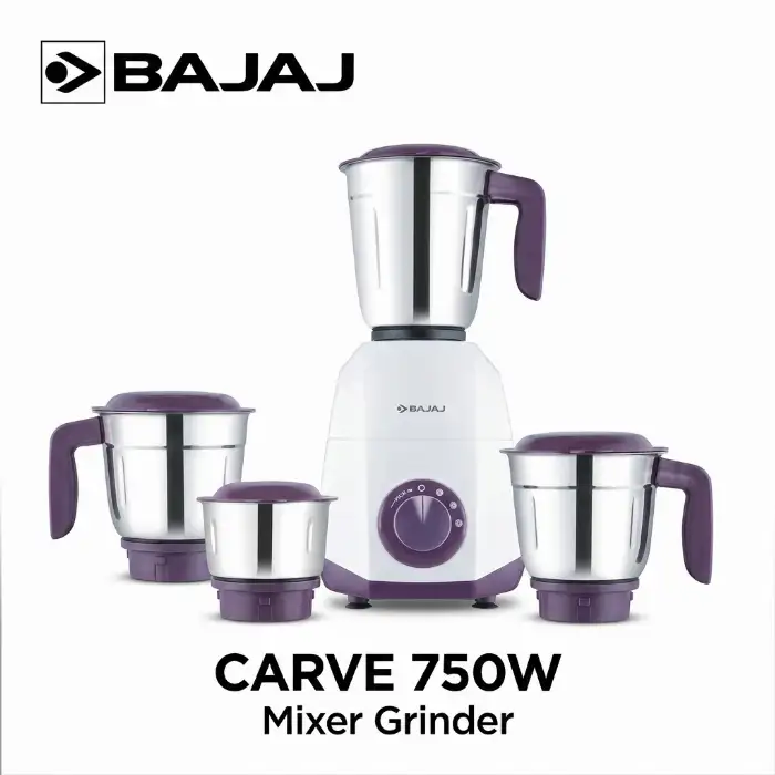 Bajaj Carve 750W Mixer Grinder with 3 Stainless Steel Jars Purple