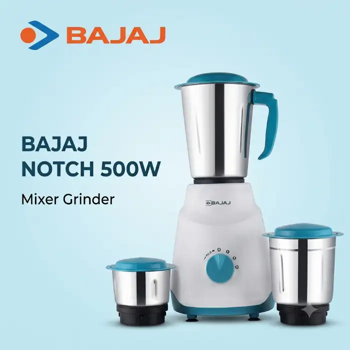 Bajaj Notch 500W Mixer Grinder with 3 Stainless Steel Jars French Blue