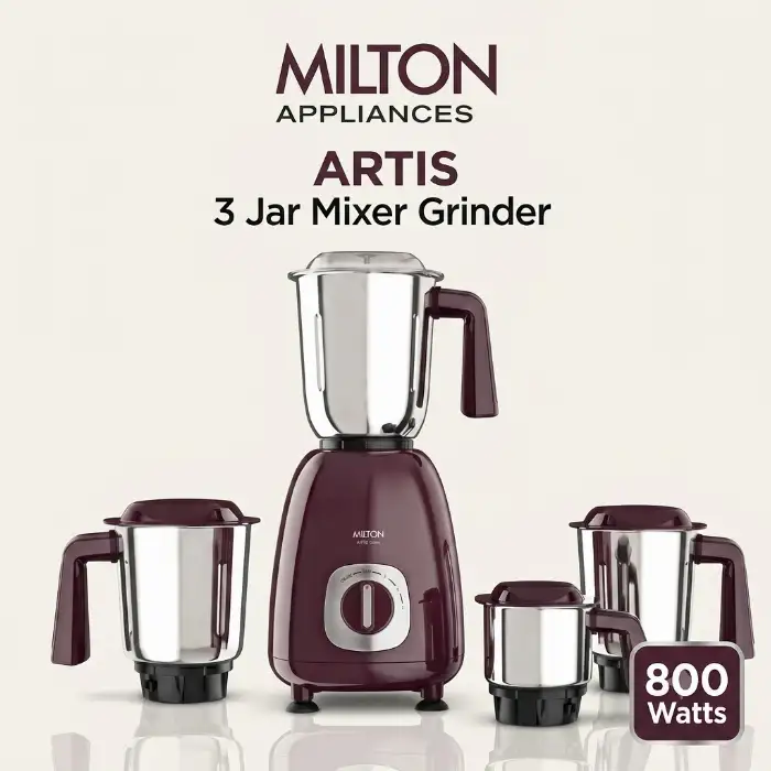 Milton Artis 800W 3 Jar Mixer Grinder with HTLV Motor, 22000 RPM High Speed & Grindstone Blade