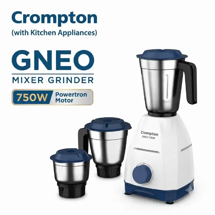 Crompton GNEO 750W Mixer Grinder with Powertron Motor, 3 Jars & Overload Protection