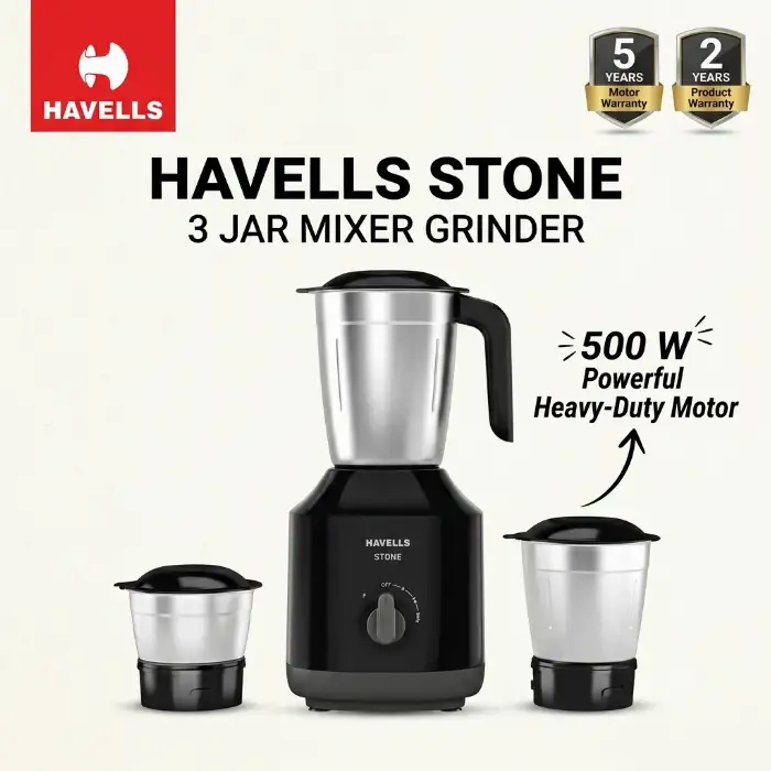 Havells Stone 500W 3 Jar Mixer Grinder with Stainless Steel Jars & Pulse Function