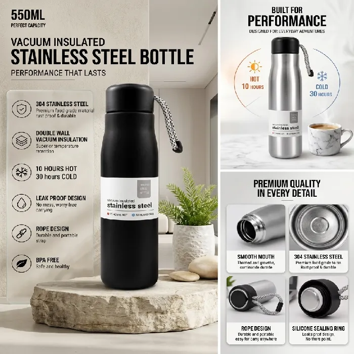 550ml Vacuum Insulated Stainless Steel Water Bottle with Double Wall Insulation, Leak-Proof Lid & Carry Strap
