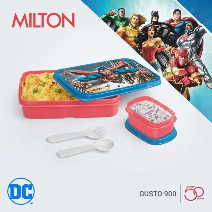 MILTON Gusto 900 Superman Lunch Box 900ml with Leak-Proof Container, Spoon & Fork